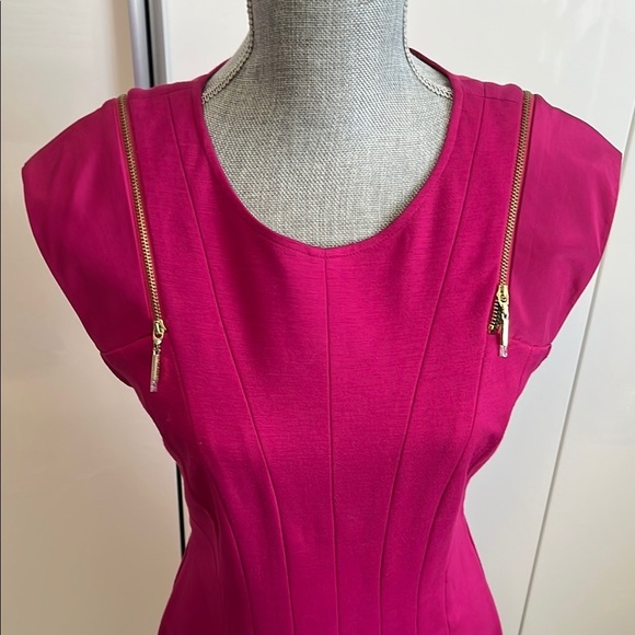 TED BAKER NWOT Fuchsia Fit and Flare Midi Dress Gold Hardware, Size 8 - Picture 2 of 12